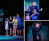 A performer enthusiastically entertains a group of children on stage under a starry light backdrop