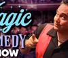 The image is a promotional poster featuring a man pointing forward with text reading Magic  Comedy Show and Michael Bairefoot