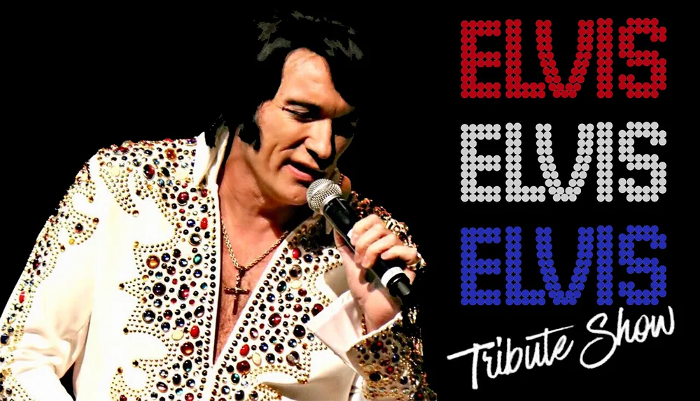 The image depicts a person dressed as a tribute artist performing onstage imitating a famous musician alongside text that says Elvis Tribute Show