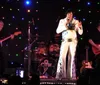 The image depicts a person dressed as a tribute artist performing onstage imitating a famous musician alongside text that says Elvis Tribute Show