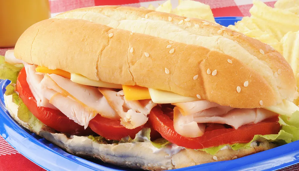 The image shows a turkey and cheese sandwich with lettuce and tomato on a sesame seed bun accompanied by potato chips on a blue plate