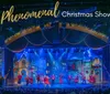 Performers in vibrant Christmas-themed costumes enthusiastically act on stage with a small inset showing others singing in a festive setting