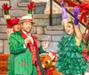 Two performers in festive costumes express excitement on a colorful holiday-themed stage