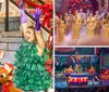 Performers in vibrant Christmas-themed costumes enthusiastically act on stage with a small inset showing others singing in a festive setting