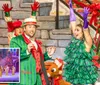 Performers in vibrant Christmas-themed costumes enthusiastically act on stage with a small inset showing others singing in a festive setting