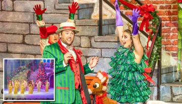 Performers in vibrant Christmas-themed costumes enthusiastically act on stage, with a small inset showing others singing in a festive setting.