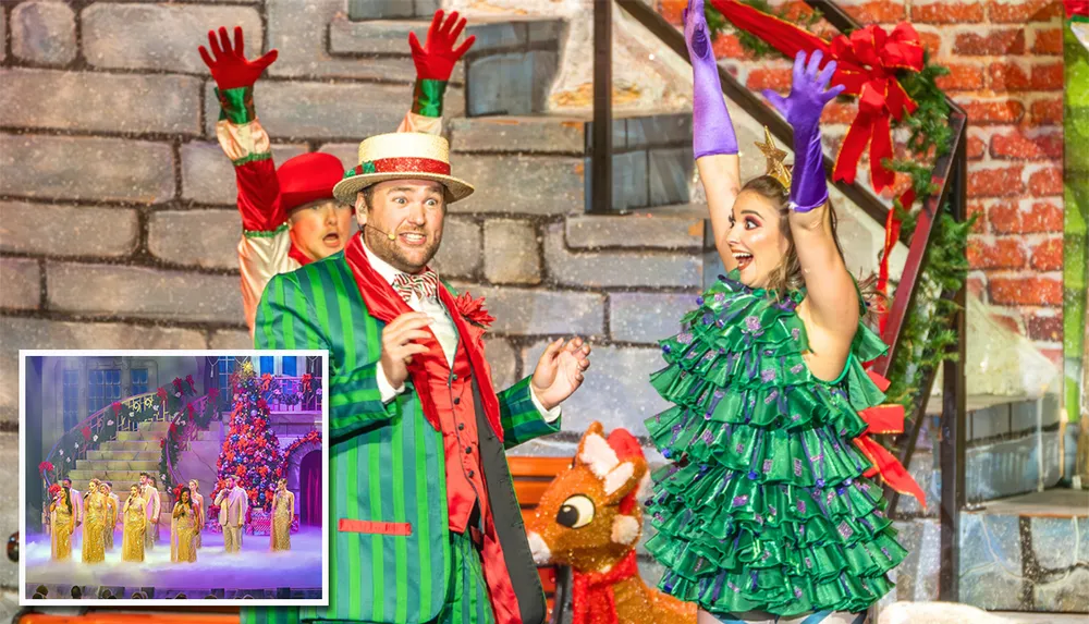 Performers in vibrant Christmas-themed costumes enthusiastically act on stage with a small inset showing others singing in a festive setting