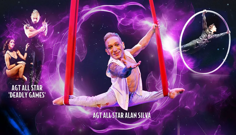 The image showcases three performers engaged in aerial and dangerous acts with vibrant purple hues and dynamic poses promoting their appearances on a talent show as AGT All Stars