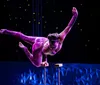 Two aerialists perform an acrobatic routine suspended in mid-air and holding hands