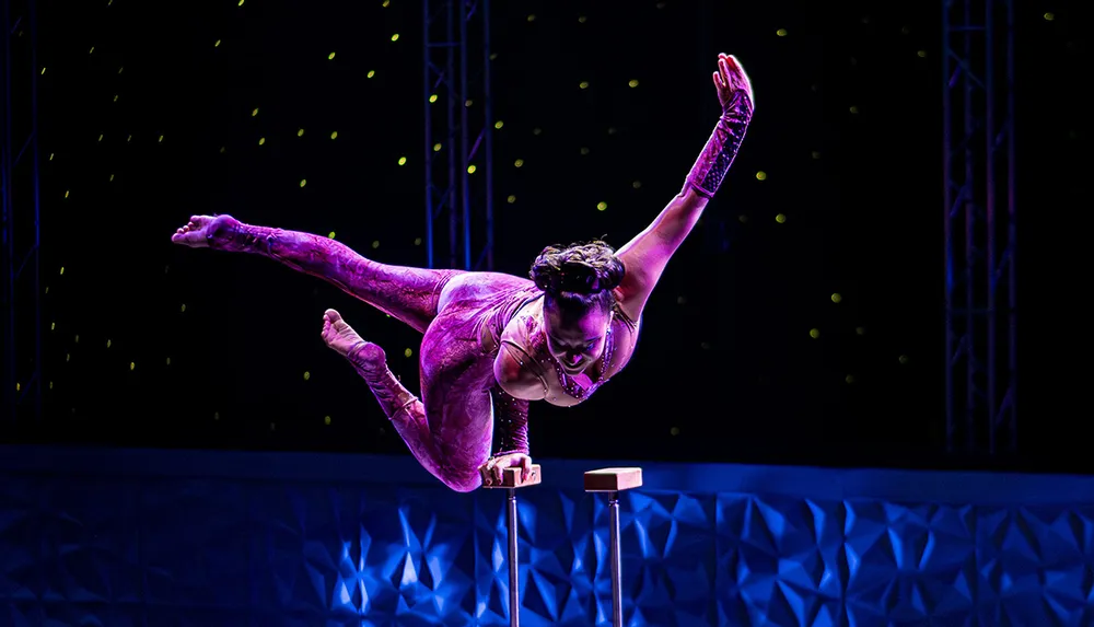 A performer in a vibrant costume is balancing gracefully on handstand canes against a dimly lit stage