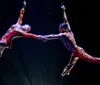 Two aerialists perform an acrobatic routine suspended in mid-air and holding hands