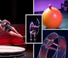 Two aerialists perform an acrobatic routine suspended in mid-air and holding hands