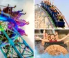 Thrilled passengers raise their hands as they experience the exciting descent on a wooden roller coaster