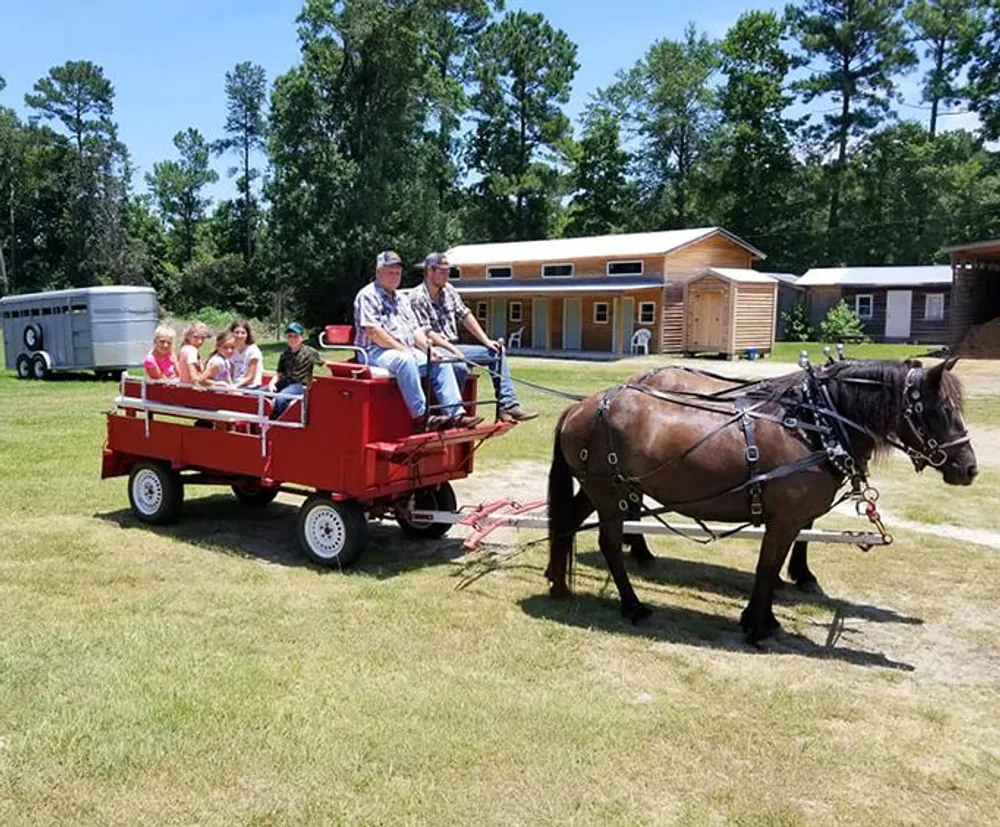 A horse is drawing a red wagon carrying several people with two men seated up front holding the reins