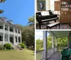 The image showcases a classic two-story white house with a double porch adorned with wreaths surrounded by a serene landscape with Spanish moss-covered trees