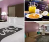 The image shows a neatly arranged hotel room with two double beds featuring white linens and a decorative throw flanked by bedside tables with lamps and a purple accent wall in the background