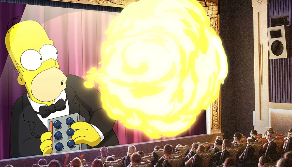 Homer Simpson is depicted in an illustrated form holding a remote control and seemingly causing an explosion on stage in front of a live audience