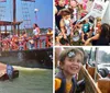 A group of people enjoy a boat ride on a miniature pirate ship flying a Jolly Roger flag