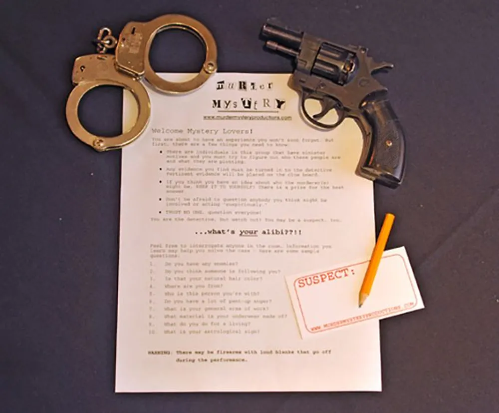 The image features items related to a murder mystery game including handcuffs a revolver clue sheets and a pencil on a table which set a detective-themed scene