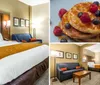 The image shows a neatly arranged hotel room with a large bed featuring white linens and an orange bed runner accompanied by modern furnishings and decor