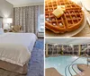 The image shows a neat and modern hotel room with two queen-sized beds patterned curtains and complementary furnishings exuding a welcoming ambiance