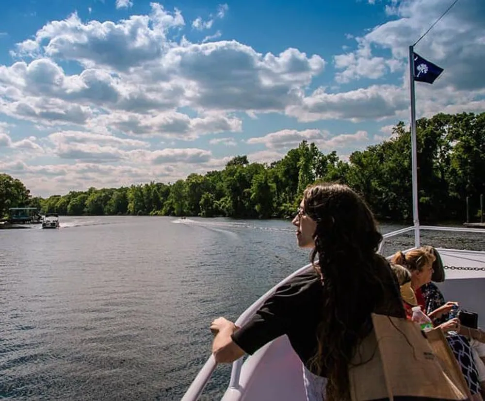 A person is looking out over the water from the deck of a boat with trees and a cloudy sky in the background