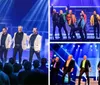 A group of six men are energetically performing on stage singing into microphones with dynamic expressions and colorful jackets