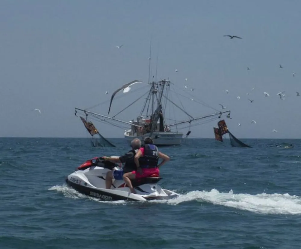 Two individuals on a jet ski are moving across the water with a large fishing trawler in the background flanked by numerous flying seabirds and a shark fin ominously trailing nearby