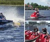 Four people are sitting on red jet skis at a marina on a sunny day