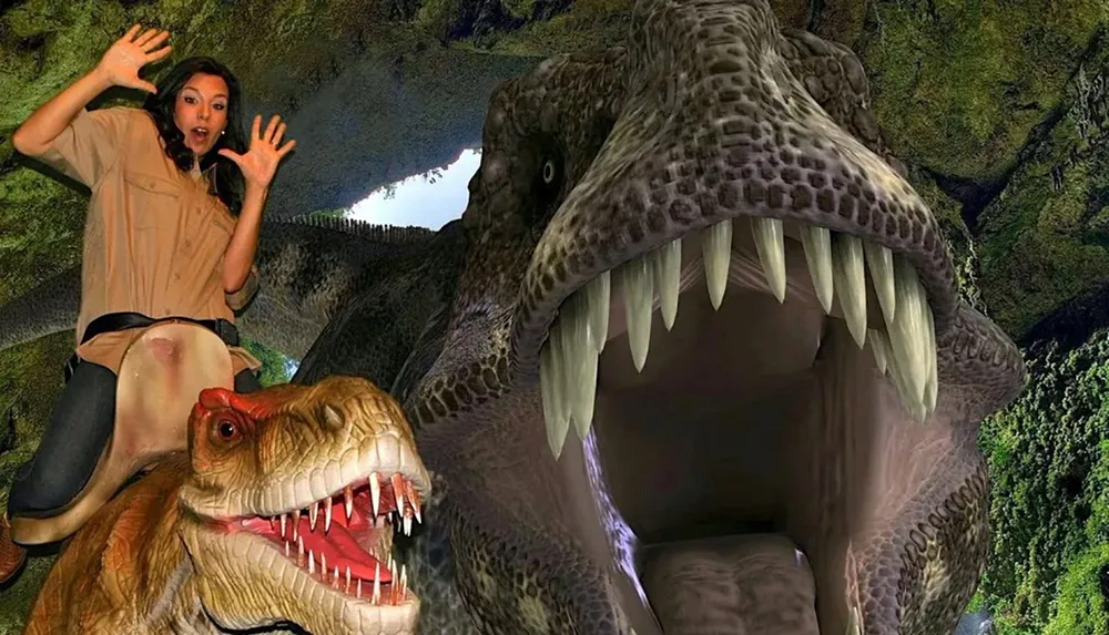 The image shows a person expressing shock while riding a small dinosaur model with a larger dinosaur head appearing to be about to bite down on them set against a prehistoric jungle backdrop likely created for entertainment purposes