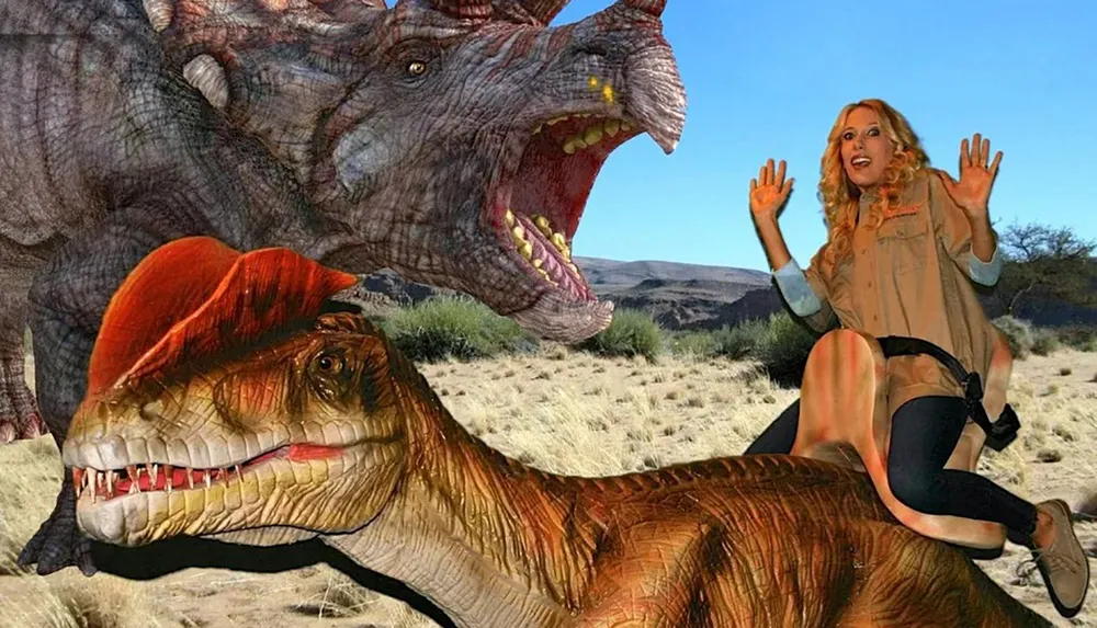 A person appears to be startled as they are digitally inserted into a scene with two large menacing dinosaurs in a desert-like environment