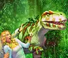Three people appear to be playfully interacting with a Tyrannosaurus rex in a staged jungle setting