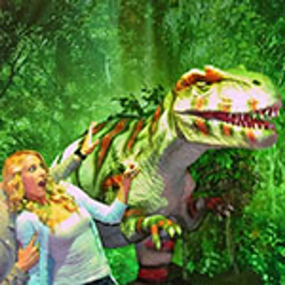 A person looks surprised or frightened while posing beside a large realistic dinosaur in a lush green setting
