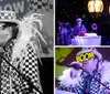 A performer in an extravagant costume with a feather boa sings into a microphone under colorful stage lighting with the word BOOM graphically overlaid on their hat