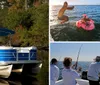 Two individuals are enjoying a ride on a blue and white pontoon boat with a blue sunshade on a calm river surrounded by trees