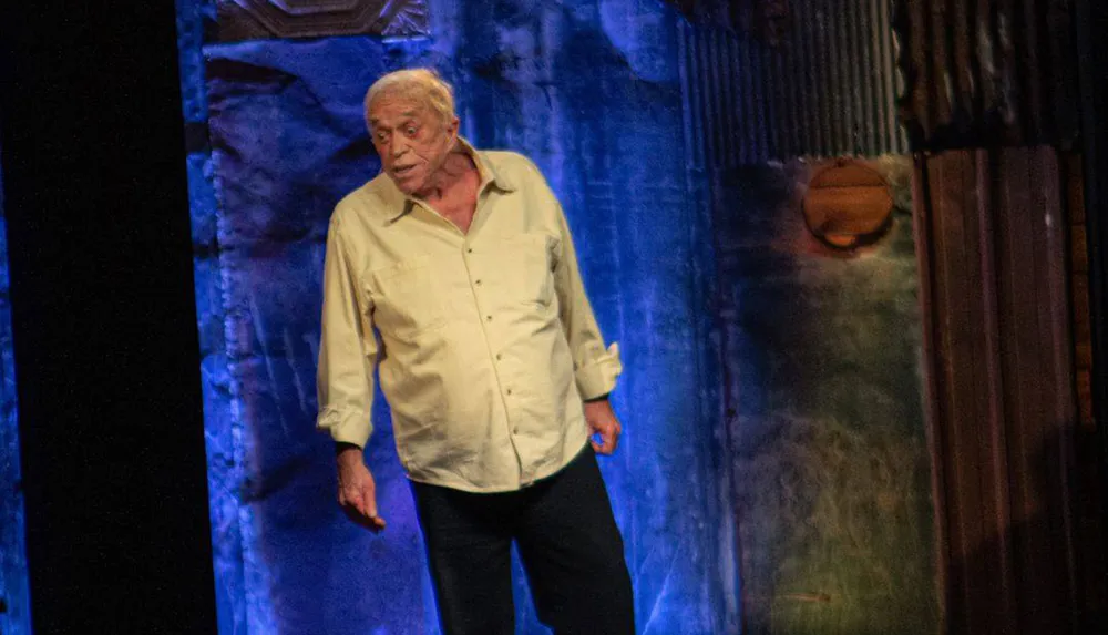 An older gentleman is on stage with a backdrop that looks like a corrugated metal wall possibly during a performance or a talk