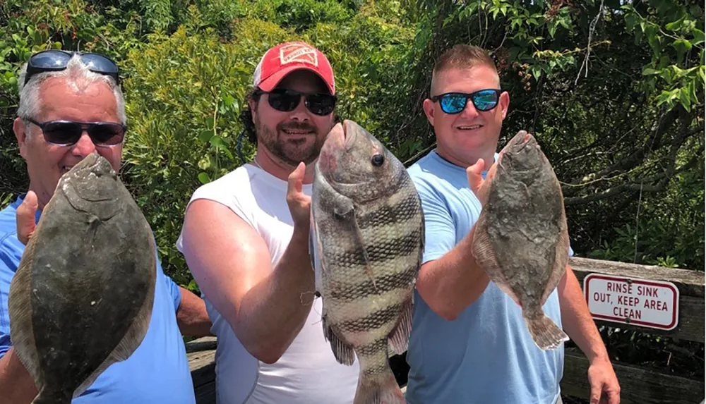 Three men are smiling and proudly holding up large fish they caught standing in front of a green leafy background with a Rinse Sink OUT Keep Area CLEAN sign visible