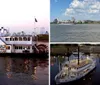 A traditional paddlewheel riverboat named Memphis Queen is navigating a river with a bridge and a pyramid-shaped structure in the background