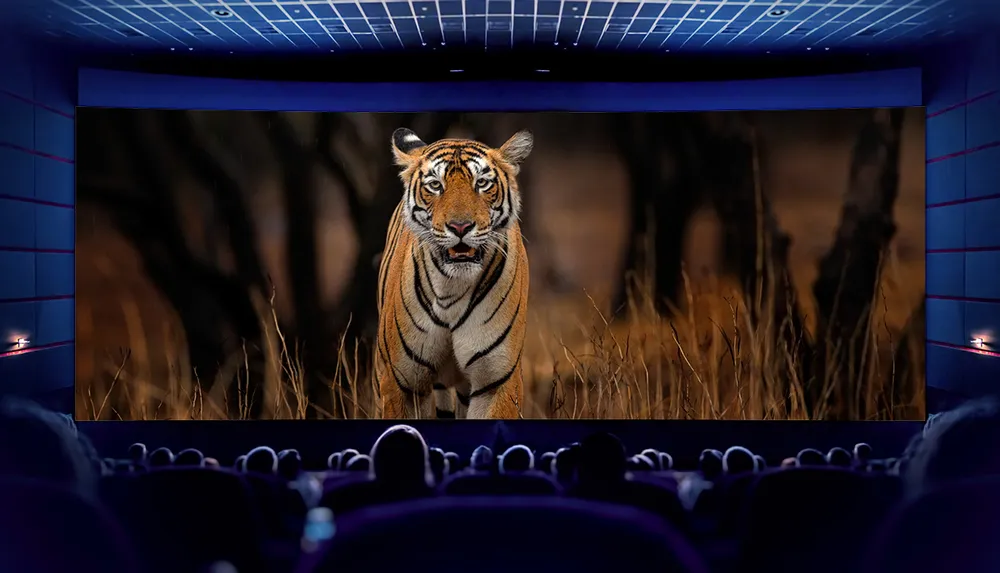 A movie theater with people watching a large screen that displays a lifelike image of a tiger standing in a grassy field