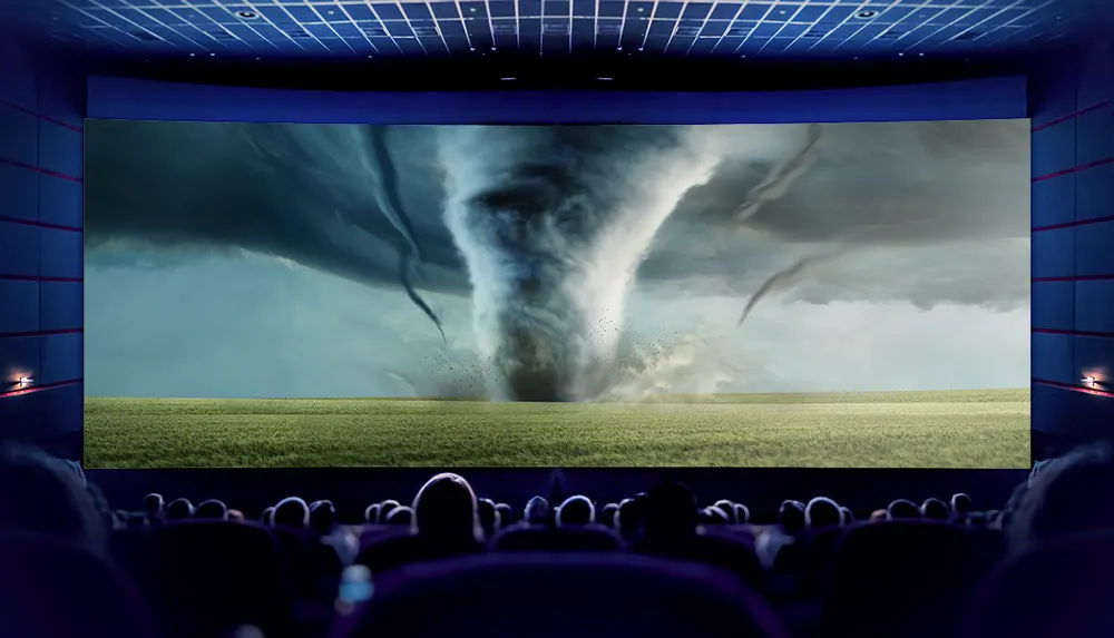 Audience members are watching a movie featuring a dramatic tornado scene in a cinema theater