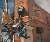 A person is joyfully jumping in front of Sun Studio which is known as the birthplace of rocknroll with a large guitar sign above