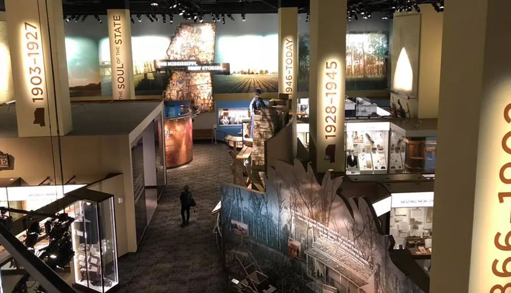 The image shows an interior view of a museum with various exhibits and timelines where people are exploring the historical displays