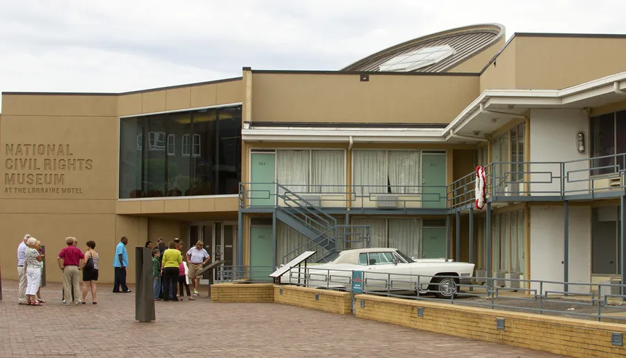 Visitors gather outside the National Civil Rights Museum at the Lorraine Motel, the site associated with the assassination of Martin Luther King Jr.