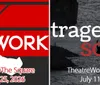 The image is a promotional poster for a theatrical production titled Tragedy Sound at TheatreWorksTheSquare running from July 11 to 27 2025 set against a scenic background of water and cliffs