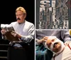 Two men with mustaches are performing on stage one gesturing expressively and the other reading from a crumpled piece of paper