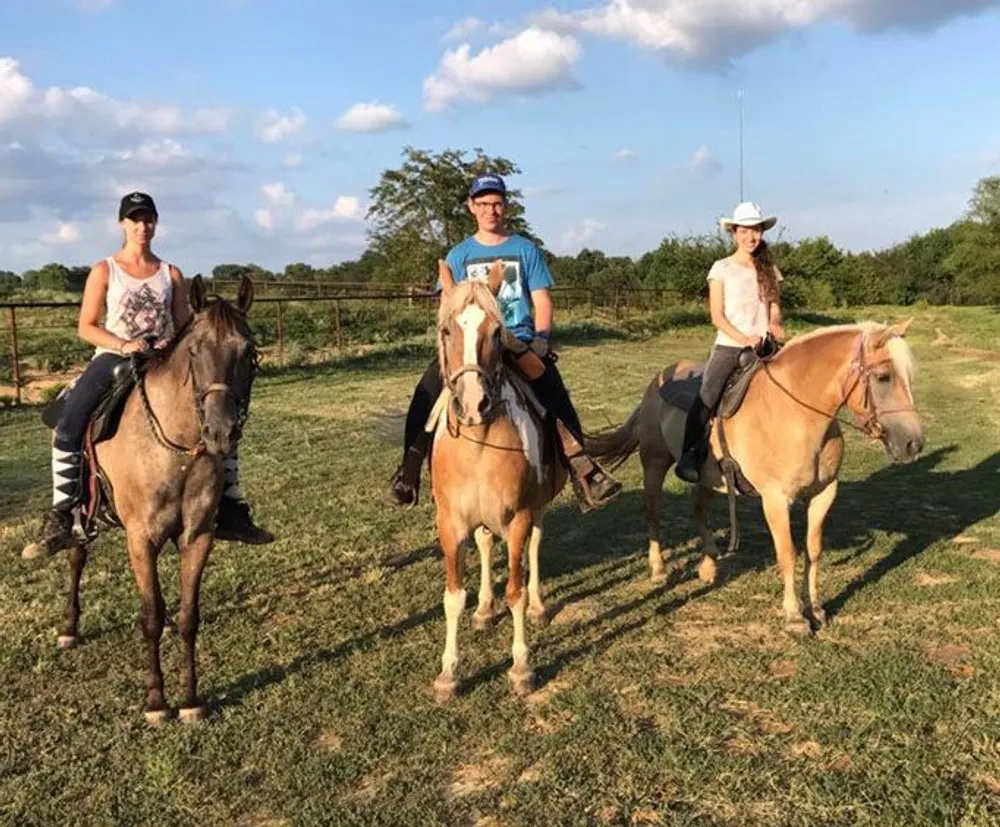 Three people are smiling for the camera while sitting on horses in an open field with blue skies and clouds in the background