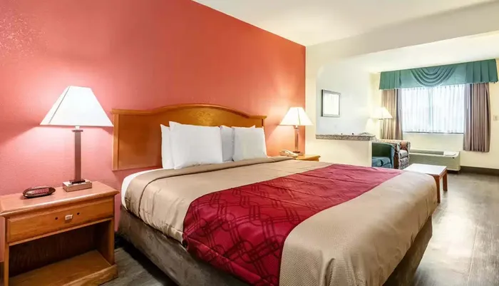 The image shows a neatly arranged hotel room with a king-sized bed a red accent wall nightstands with lamps and a window with curtains
