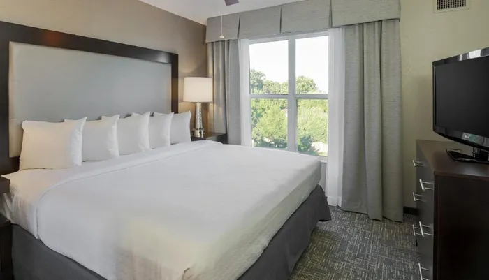 A neatly made king-sized bed is the centerpiece of a modern hotel room with large windows offering a view of greenery outside