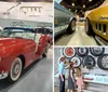 The image shows a collection of classic cars with a prominent red convertible in the foreground inside a museum or exhibition setting