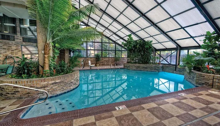 An indoor swimming pool with tropical plants surrounded by a glass enclosure and brick walls